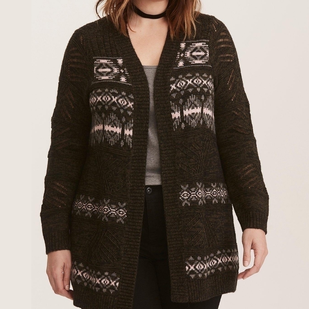 Torrid Multicolor Geometric Pattern Open Front Cardigan Fair Isle Cabincore Cozy